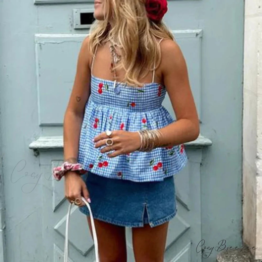 Cherry Plaid Peplum Crop Top croptop-250223