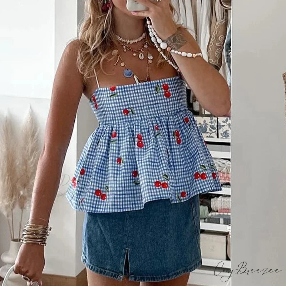 Cherry Plaid Peplum Crop Top croptop-250223