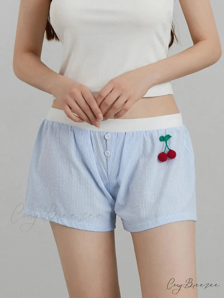 Cherry Striped Elastic Waist Shorts short-250223