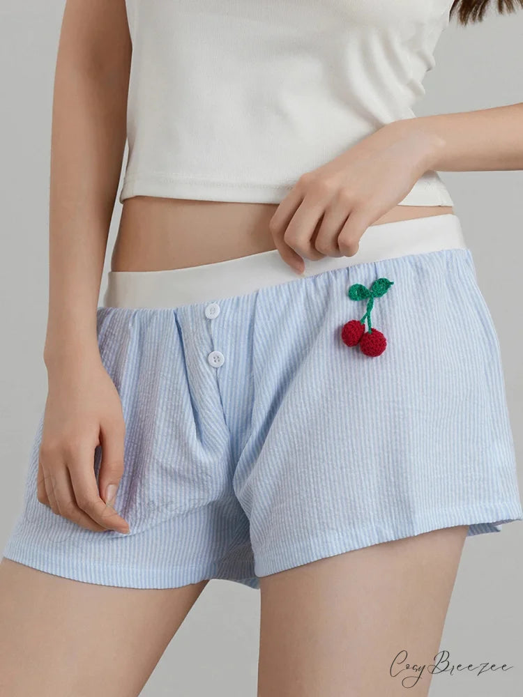 Cherry Striped Elastic Waist Shorts short-250223