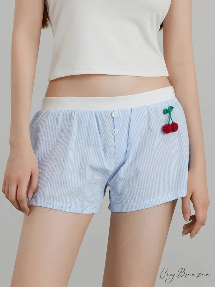 Cherry Striped Elastic Waist Shorts short-250223