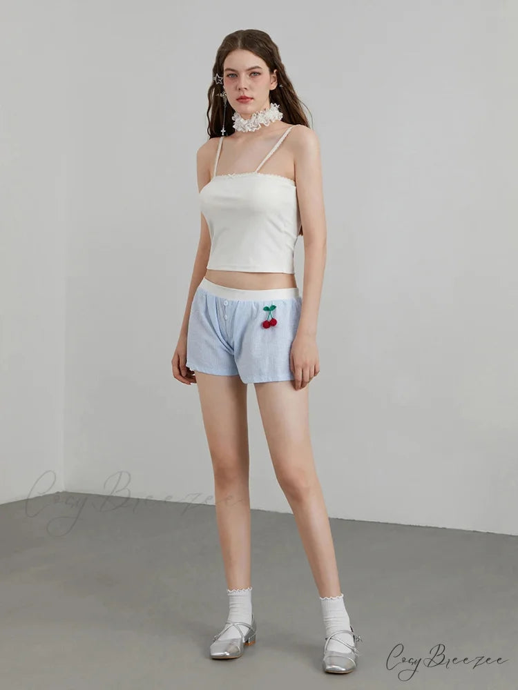 Cherry Striped Elastic Waist Shorts short-250223