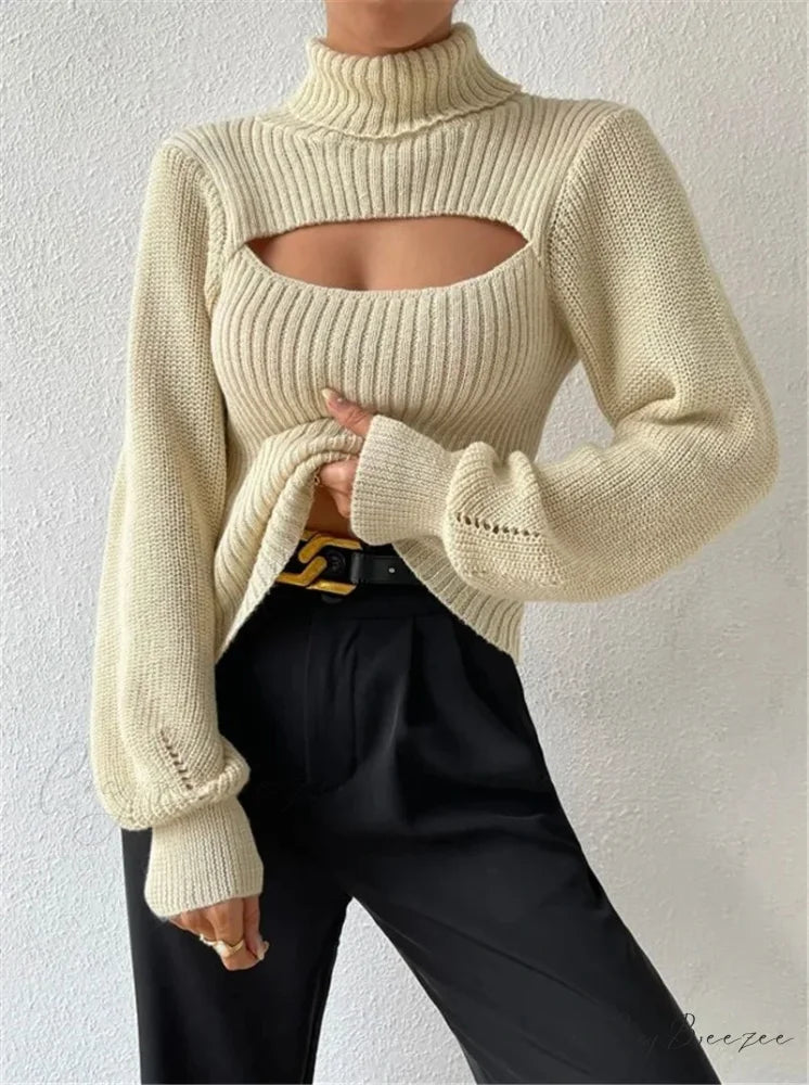 Chest Hollowed-out Turtleneck Sexy Sweater APRICOT / S swraters-241228