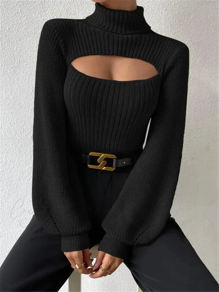 Chest Hollowed-out Turtleneck Sexy Sweater Black / S swraters-241228