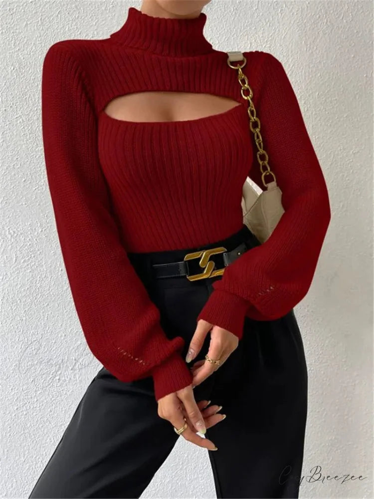Chest Hollowed-out Turtleneck Sexy Sweater Burgundy / S swraters-241228