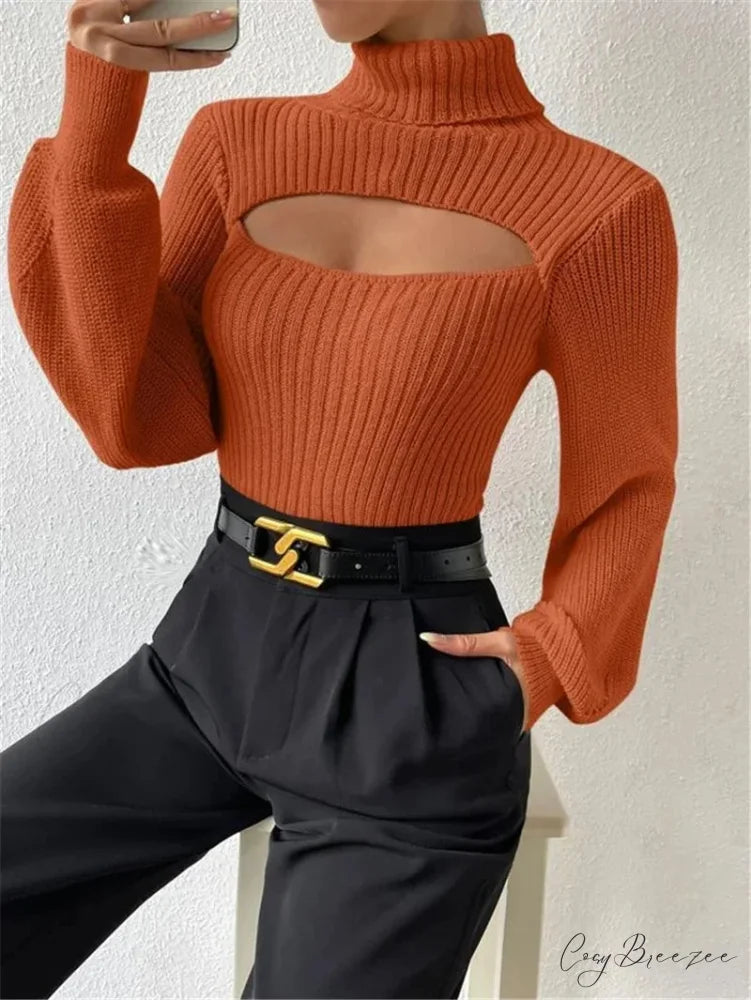 Chest Hollowed-out Turtleneck Sexy Sweater Orange / S swraters-241228
