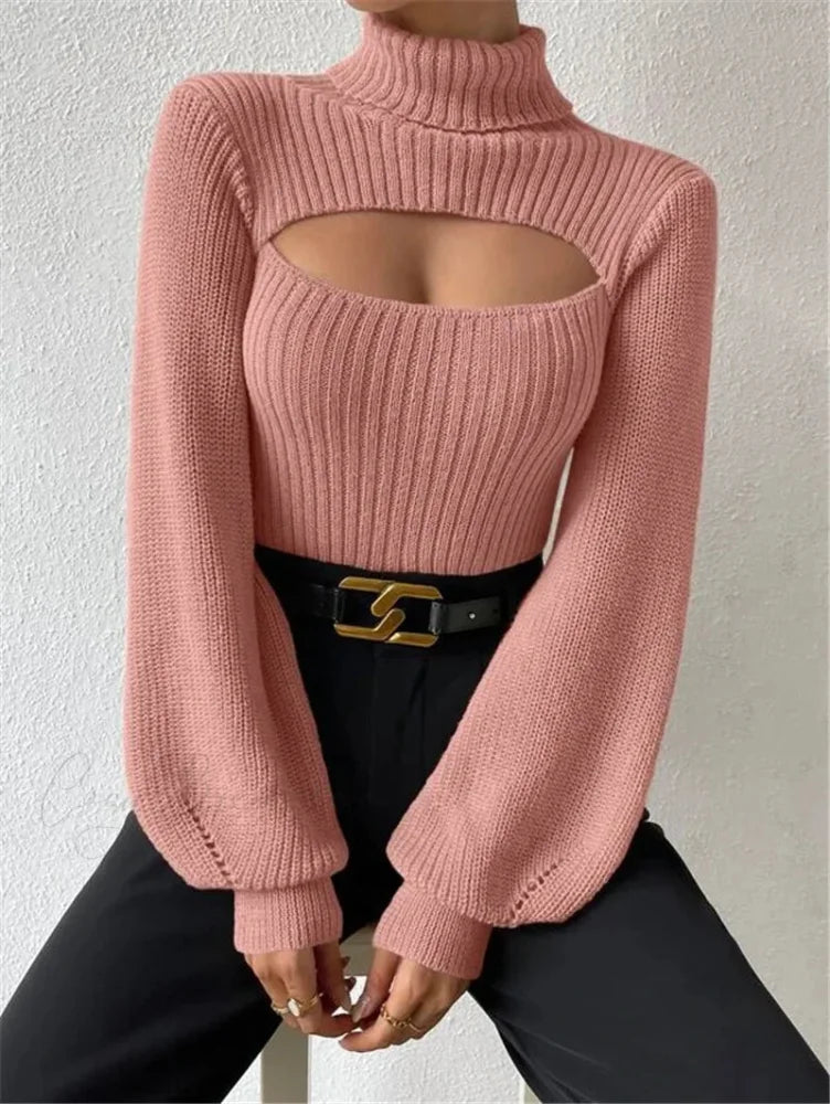 Chest Hollowed-out Turtleneck Sexy Sweater Pink / S swraters-241228