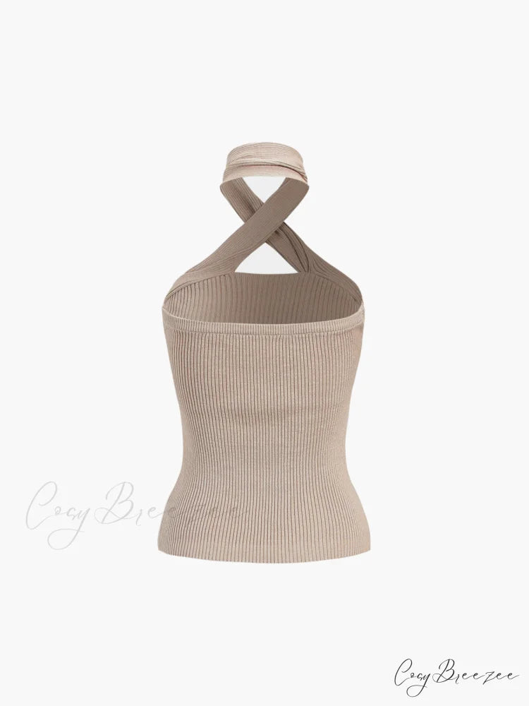 Chestnut Halter Graceful Rib Knit Top