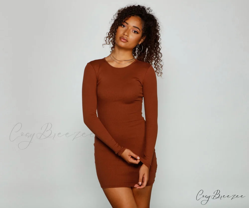 Chic Basic Long Charming Sleeve Mini Dress BROWN / XS