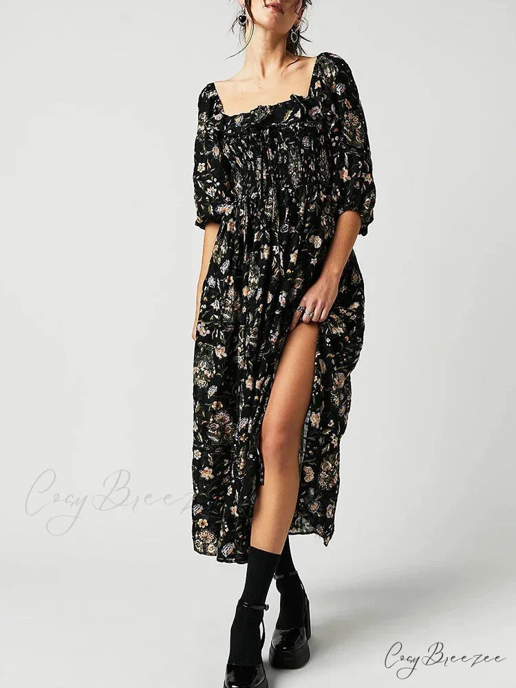 Chic Boho Backless Ruffle Floral Dress Black / S oldfloraldress-250126