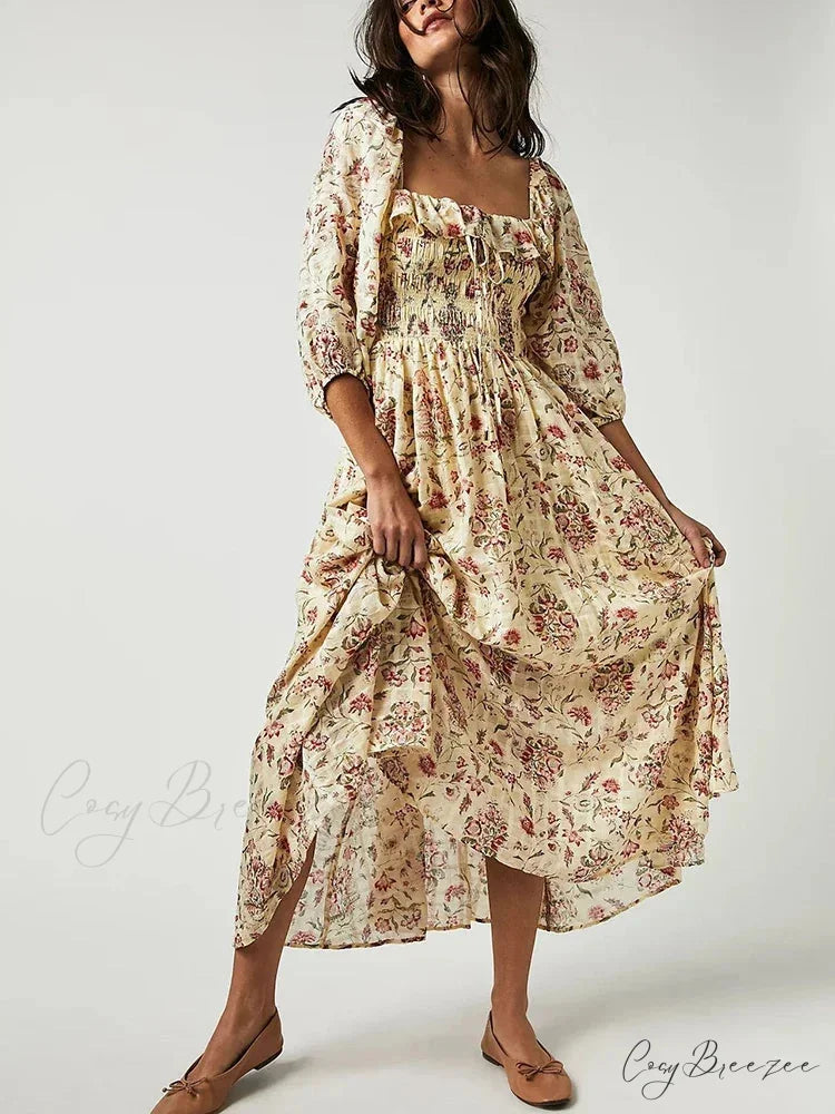 Chic Boho Backless Ruffle Floral Dress Yellow / S oldfloraldress-250126