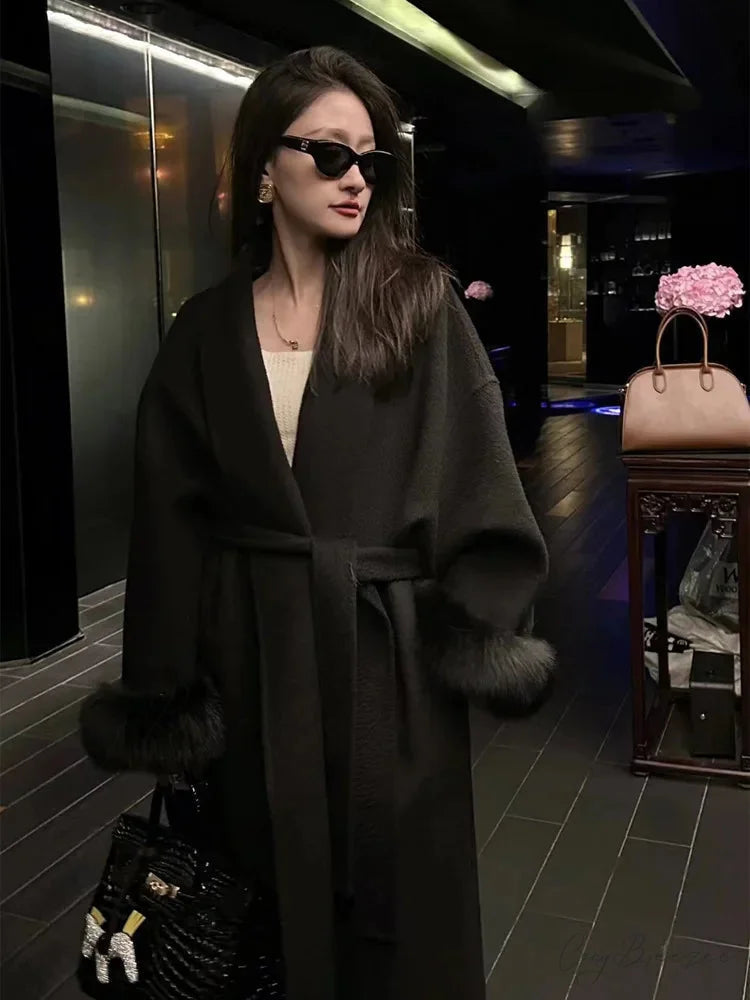 Chic Brown Woolen Tops Coat Black / S overcoats-241228