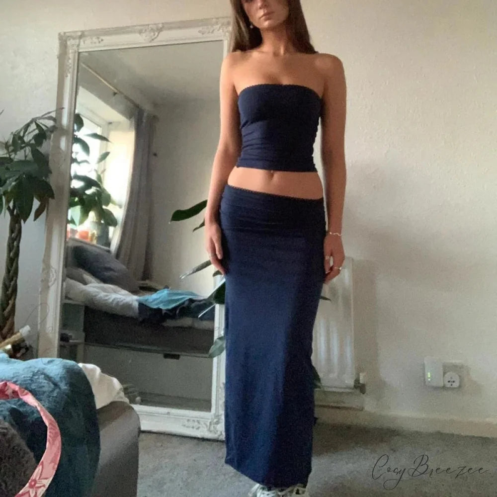 Chic Chest Wrap Tube Tops + Low Rise Skirt Strapless Y2K Outfits Black / S twopiecesset-250126