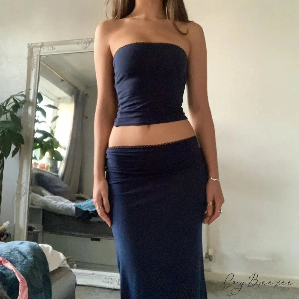 Chic Chest Wrap Tube Tops + Low Rise Skirt Strapless Y2K Outfits twopiecesset-250126
