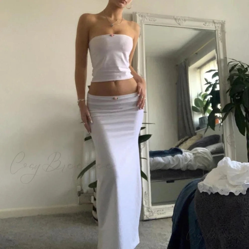 Chic Chest Wrap Tube Tops + Low Rise Skirt Strapless Y2K Outfits WHITE / S twopiecesset-250126