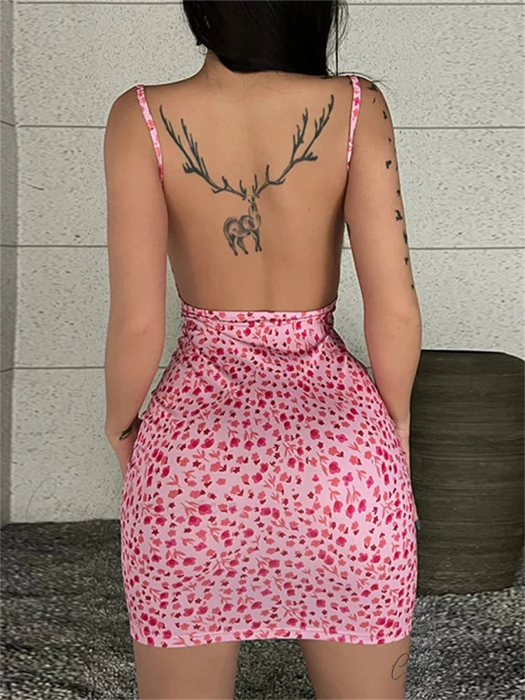 Chic Floral Print Backless Sling Mini Suspender Wrap Bodycon Dress floraldress-250126