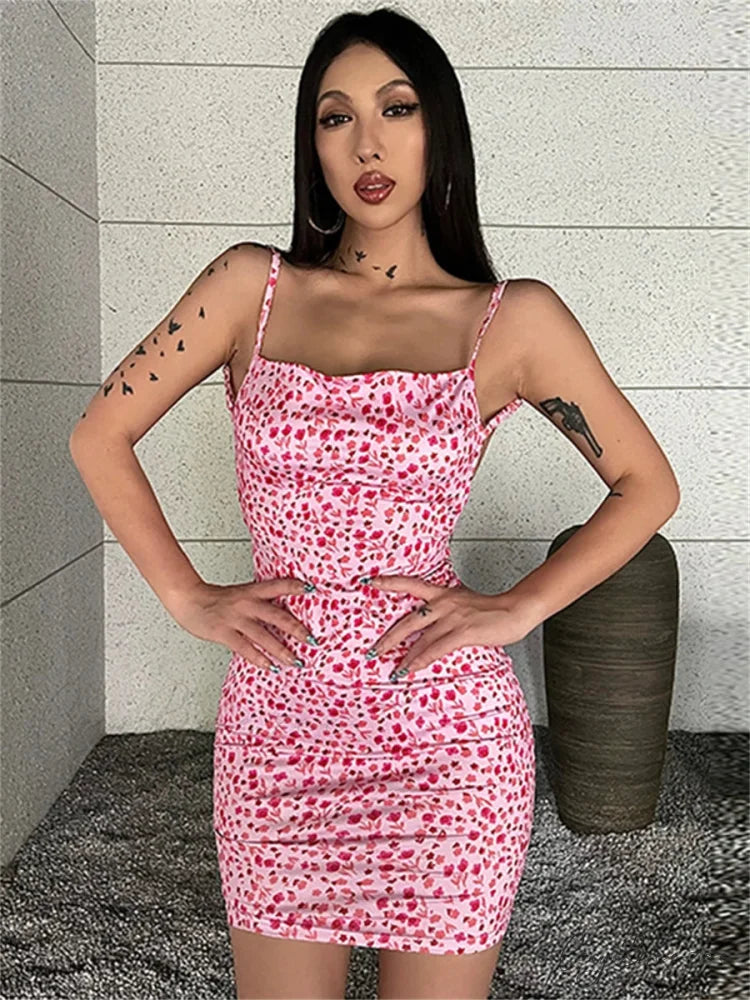Chic Floral Print Backless Sling Mini Suspender Wrap Bodycon Dress Pink / S floraldress-250126