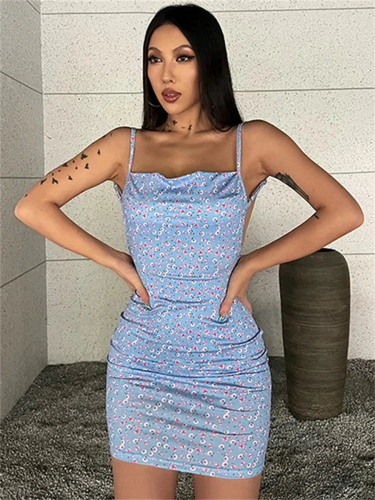 Chic Floral Print Backless Sling Mini Suspender Wrap Bodycon Dress SKY BLUE / S floraldress-250126