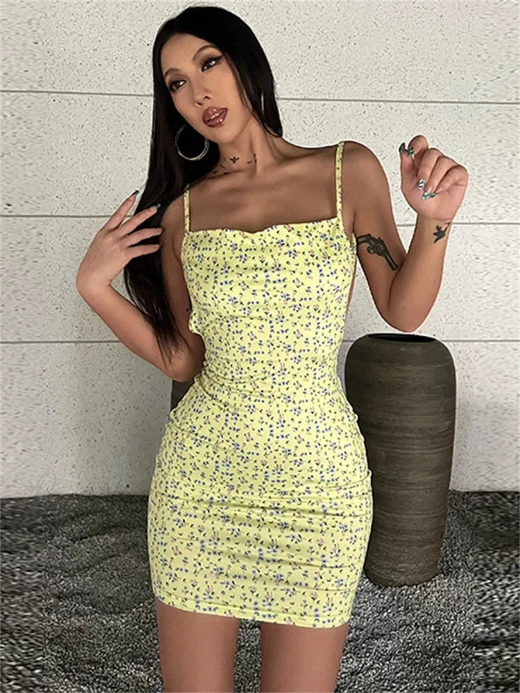 Chic Floral Print Backless Sling Mini Suspender Wrap Bodycon Dress Yellow / S floraldress-250126