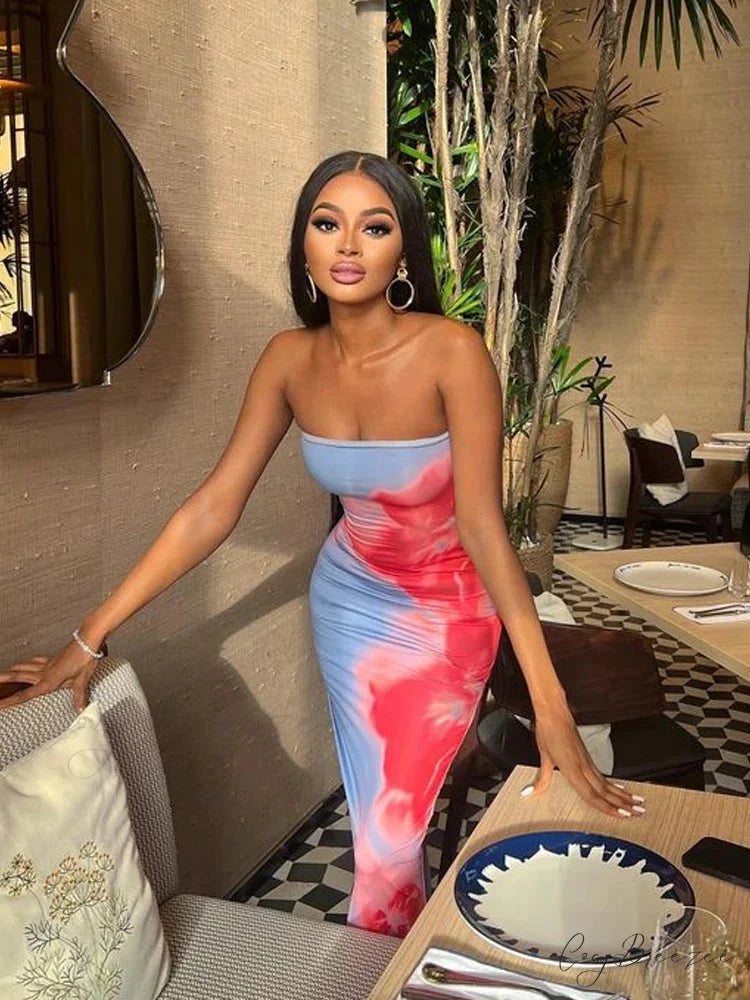 Chic Floral Strapless Midi Split Backless Dress floraldress-250126