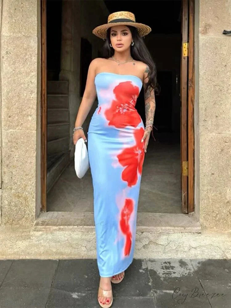 Chic Floral Strapless Midi Split Backless Dress floraldress-250126