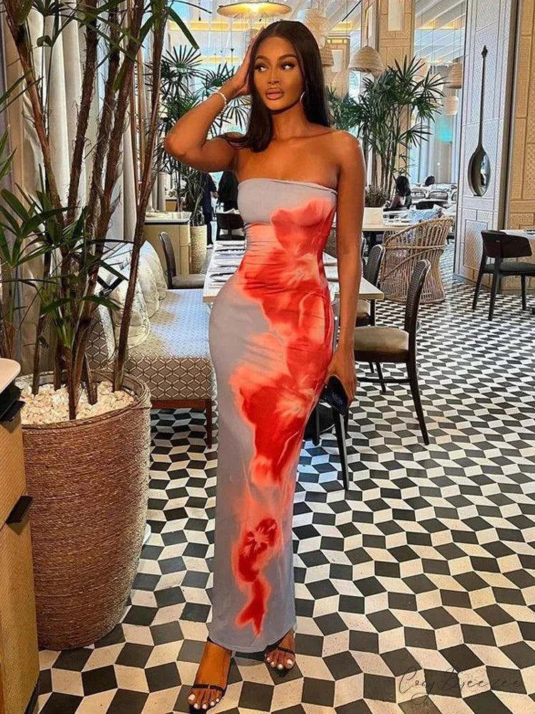 Chic Floral Strapless Midi Split Backless Dress floraldress-250126