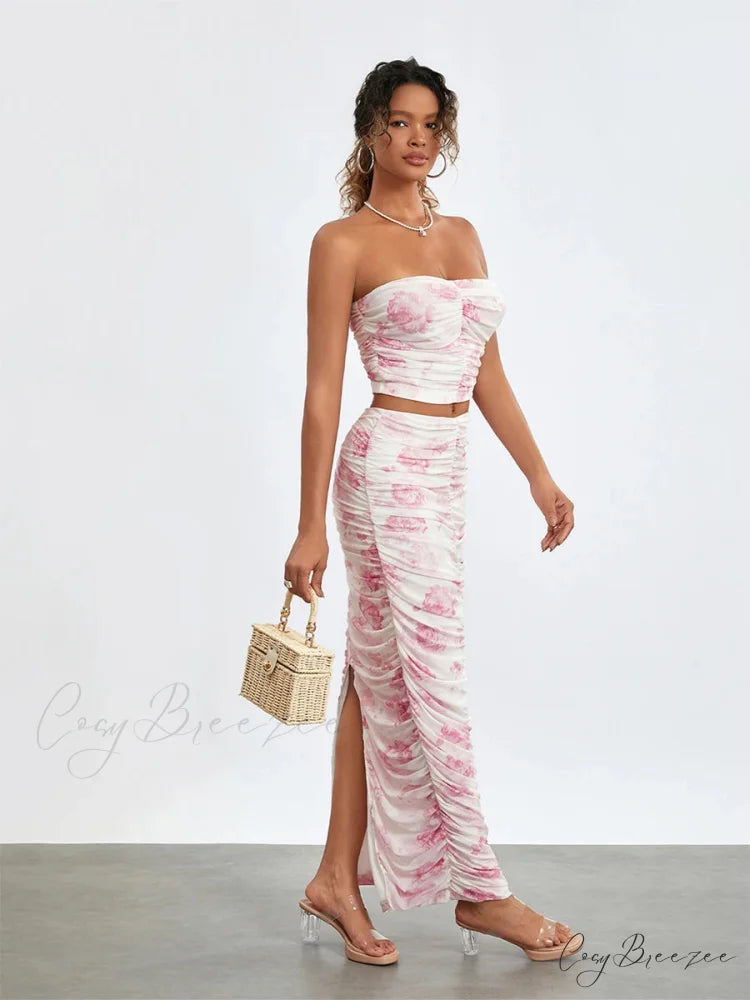 Chic Off-Shoulder Tube Wrap Long Skirt Set floraldress-250126
