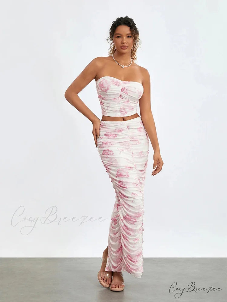 Chic Off-Shoulder Tube Wrap Long Skirt Set floraldress-250126