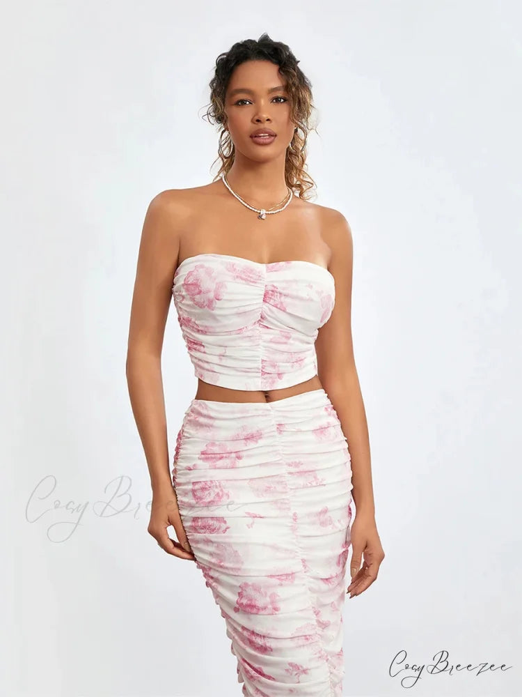 Chic Off-Shoulder Tube Wrap Long Skirt Set floraldress-250126