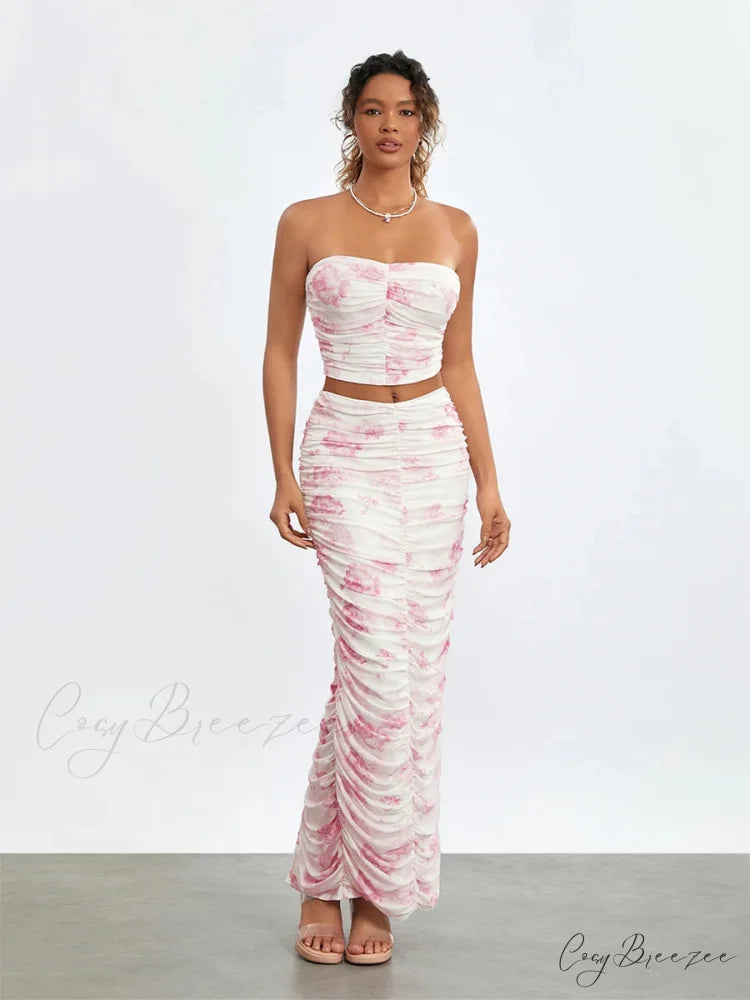 Chic Off-Shoulder Tube Wrap Long Skirt Set floraldress-250126