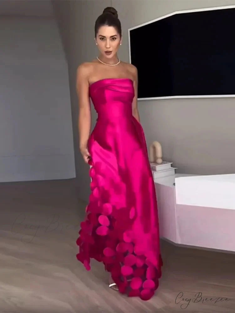Chic Rose Red Sleeveless Satin Maxi Dress Elegant Backless Pleated Christmas Party Dress