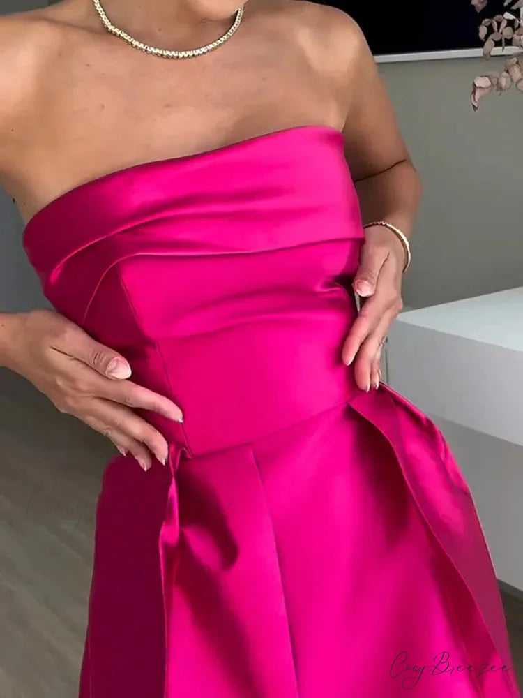 Chic Rose Red Sleeveless Satin Maxi Dress Elegant Backless Pleated Christmas Party Dress