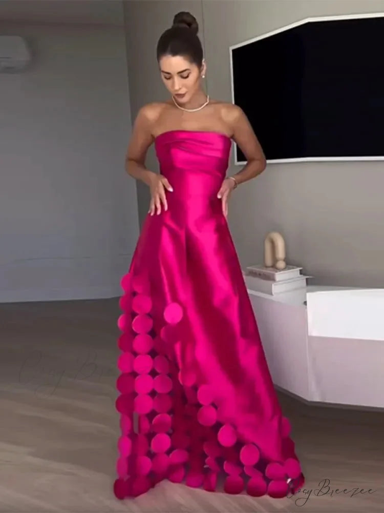 Chic Rose Red Sleeveless Satin Maxi Dress Elegant Backless Pleated Christmas Party Dress rose red / S