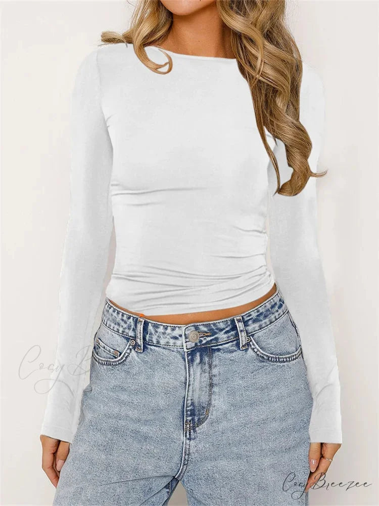 Chic Ruched Short Sleeve Solid Color Crop Tops Slim Fit T-shirts WHITE / S