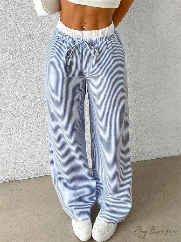 Chic Striped Side-Slit Tie-Up Spacious Sweatpant BLUE / S pant-250223