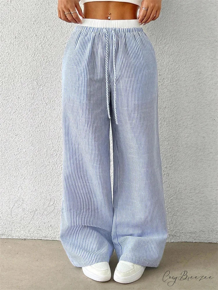 Chic Striped Side-Slit Tie-Up Spacious Sweatpant pant-250223