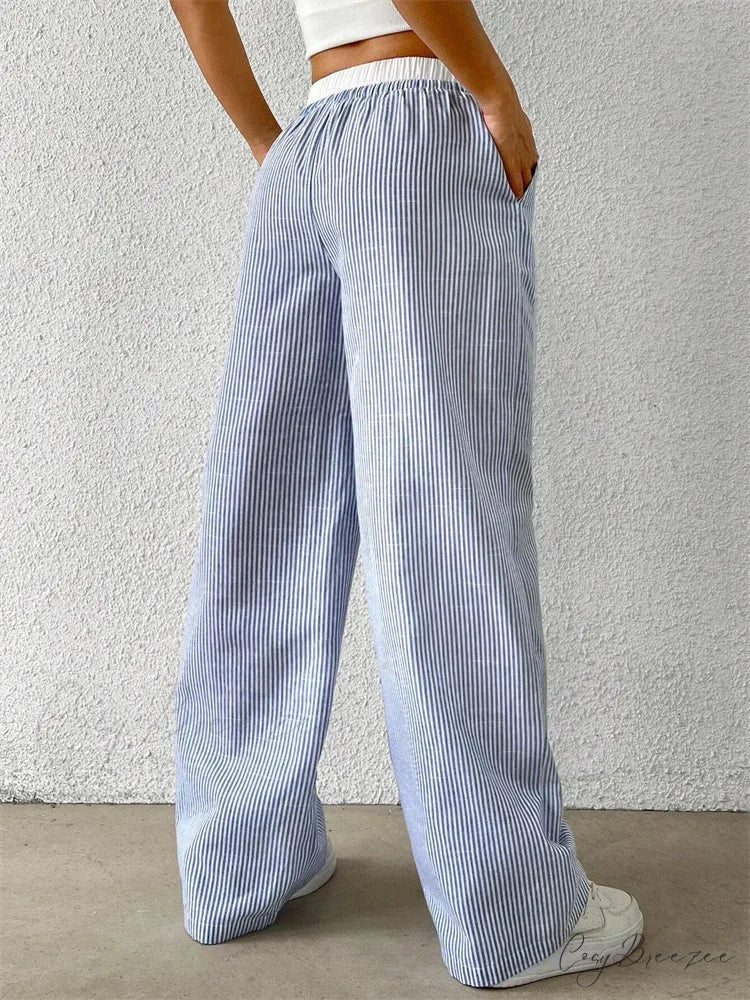 Chic Striped Side-Slit Tie-Up Spacious Sweatpant pant-250223