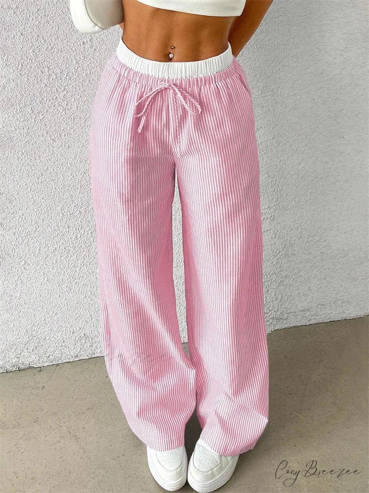 Chic Striped Side-Slit Tie-Up Spacious Sweatpant Pink / S pant-250223