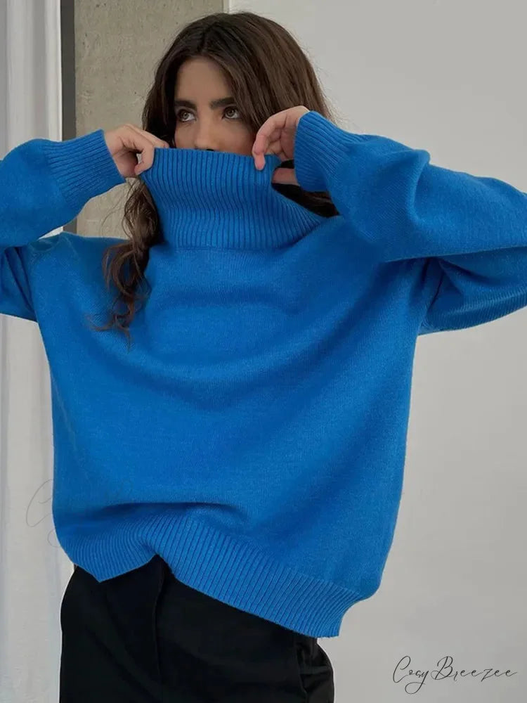 Chic Thickened Inner Wear Solid Fashion Knitted Jumper Christmas Sweater Blue / S