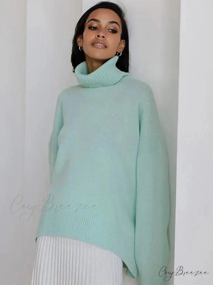 Chic Thickened Inner Wear Solid Fashion Knitted Jumper Christmas Sweater turquoise / S