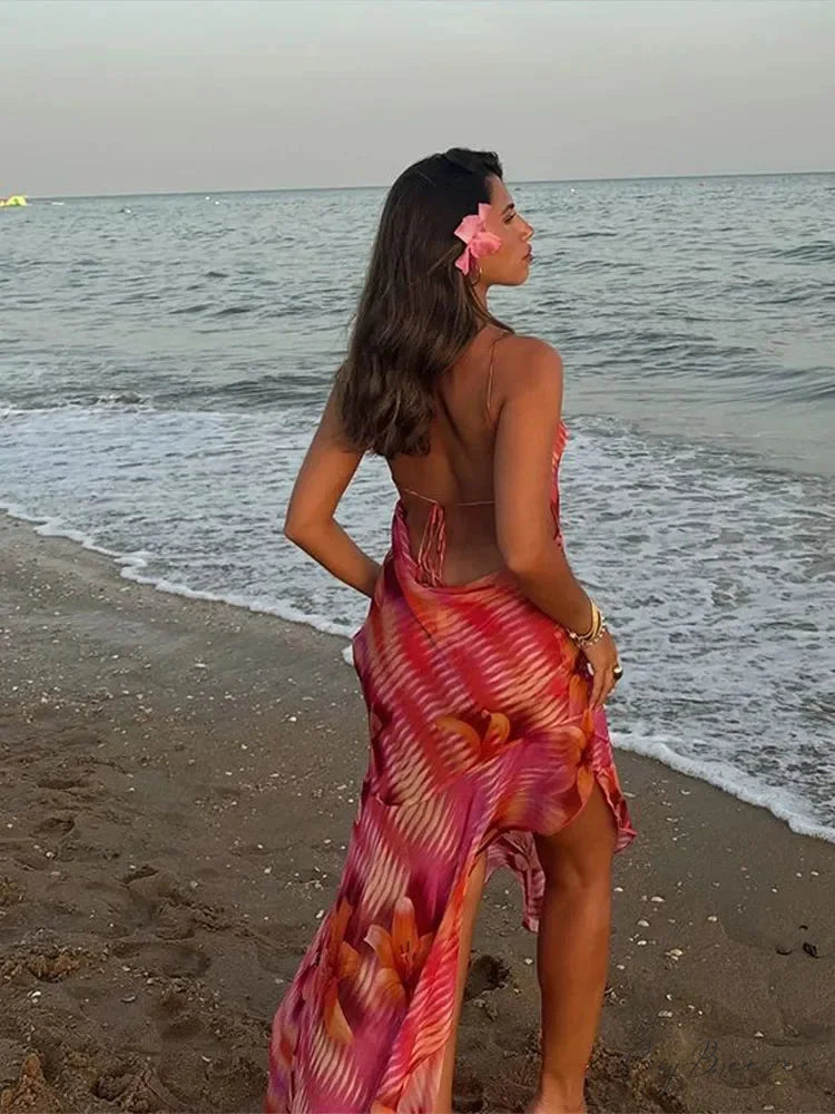 Chic V-neck Beach Ruffles Backless Floral Dress floraldress-250126