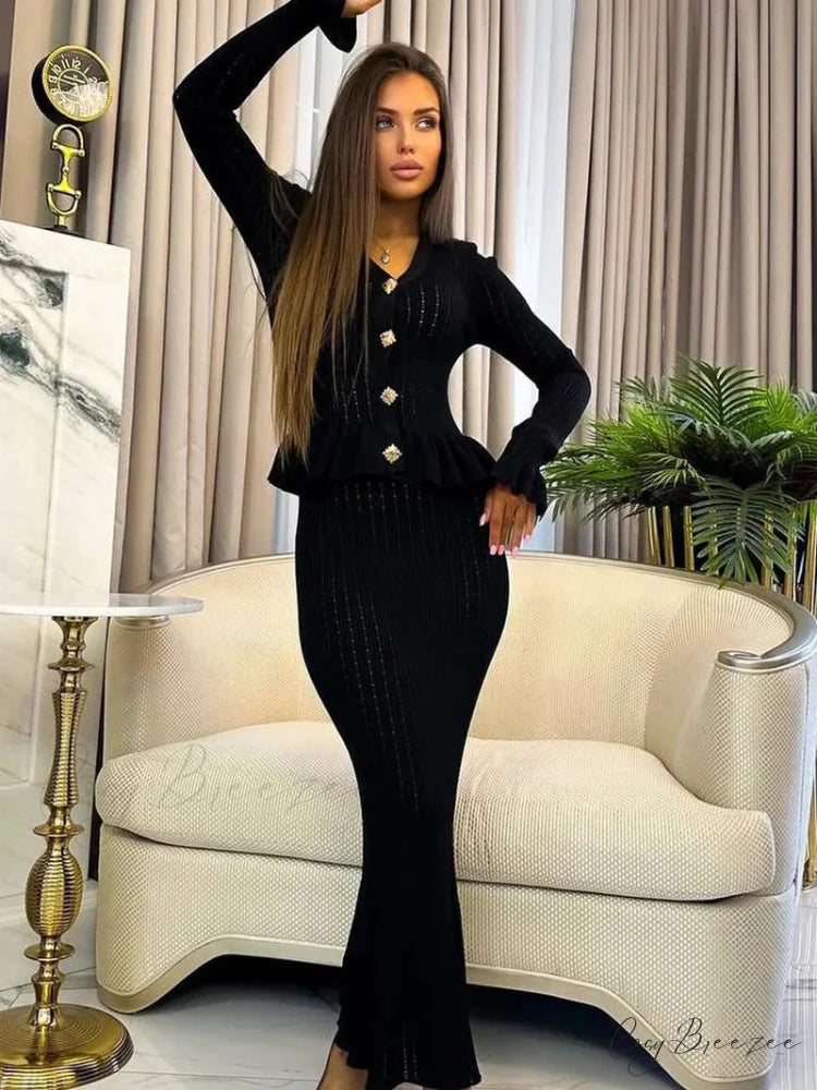 Chic Woven Matching Long Work Set Black Dress / S officetwopieceset-250223