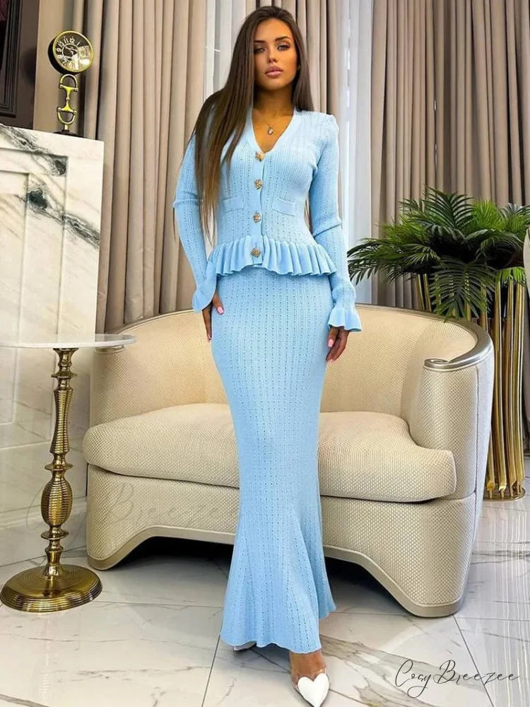 Chic Woven Matching Long Work Set Blue Dress / S officetwopieceset-250223