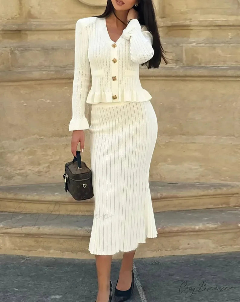 Chic Woven Matching Long Work Set White Dress / S officetwopieceset-250223