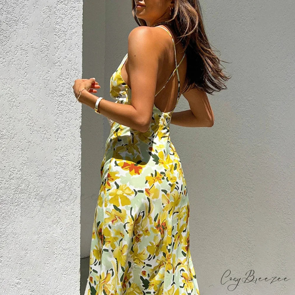 Chic Yellow Flowers Print Twist Knot Cutout Midi Dress floraldress-250126