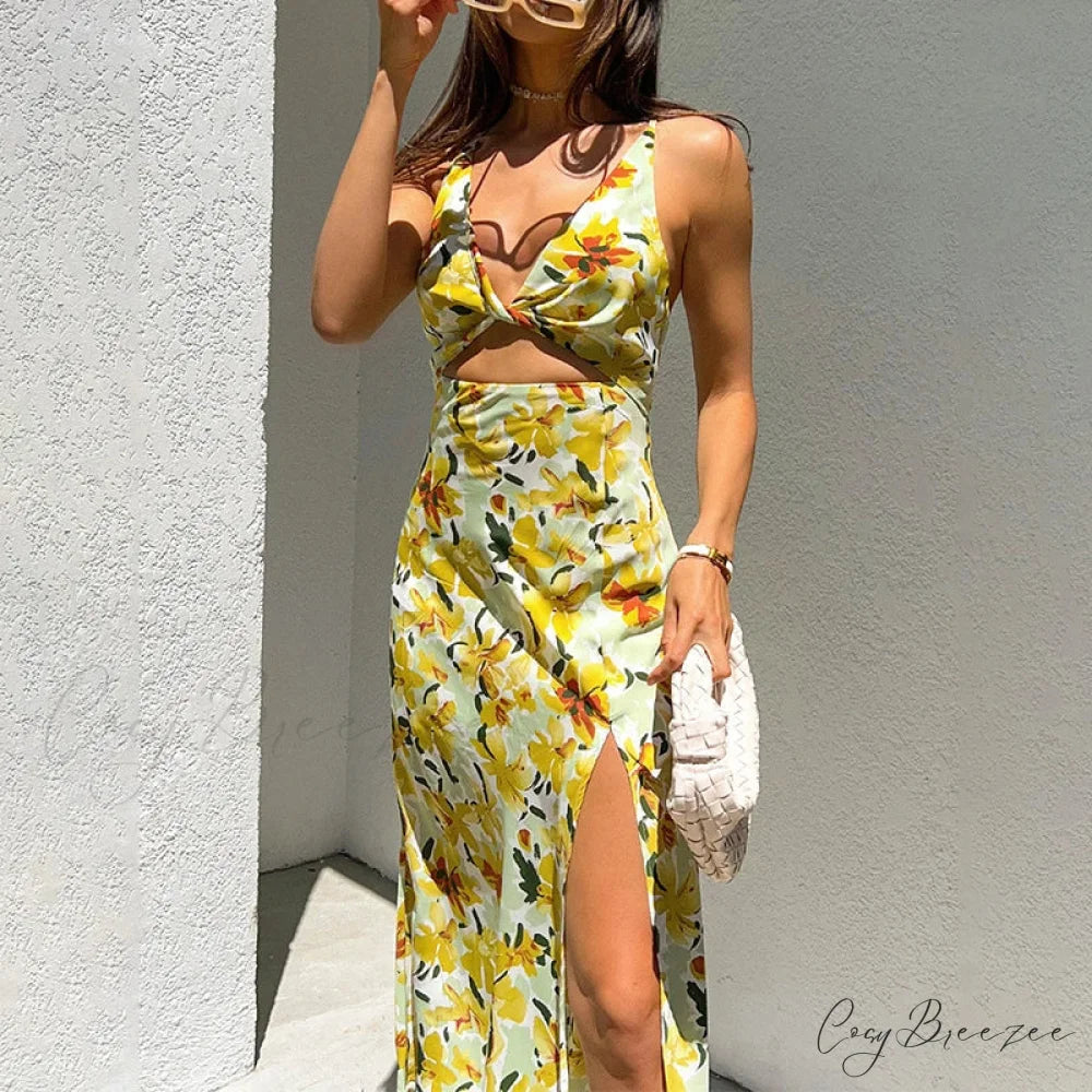 Chic Yellow Flowers Print Twist Knot Cutout Midi Dress floraldress-250126