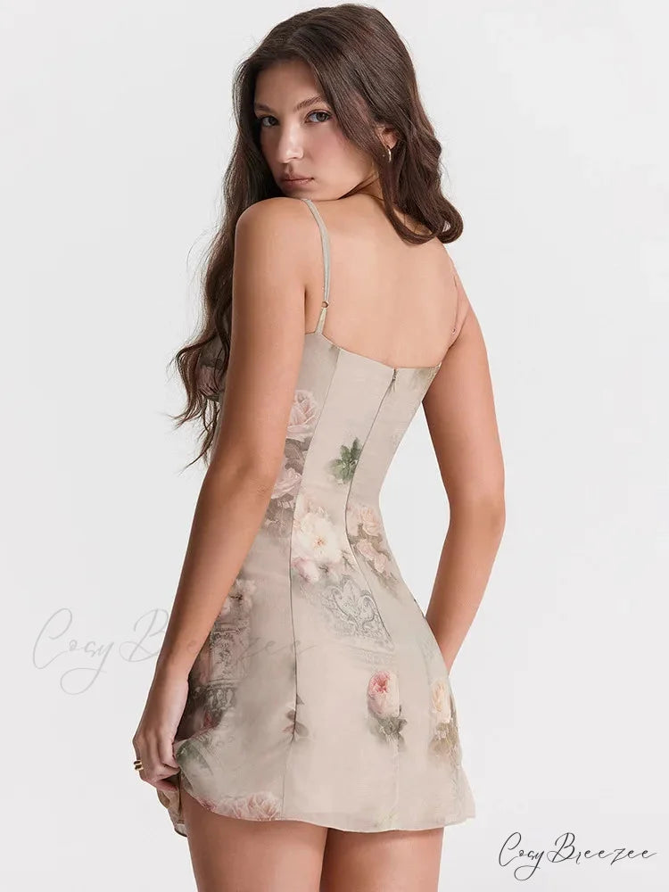Chiffon Floral Print Spaghetti Strap Backless Boho Dress
