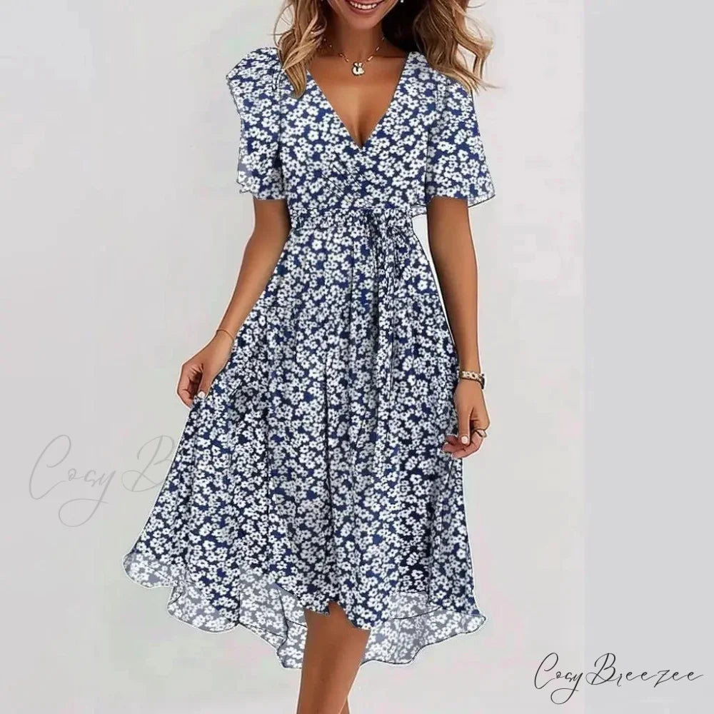 Chiffon Floral Print V-neck Dress Blue and white floral / S oldfloraldress-250126