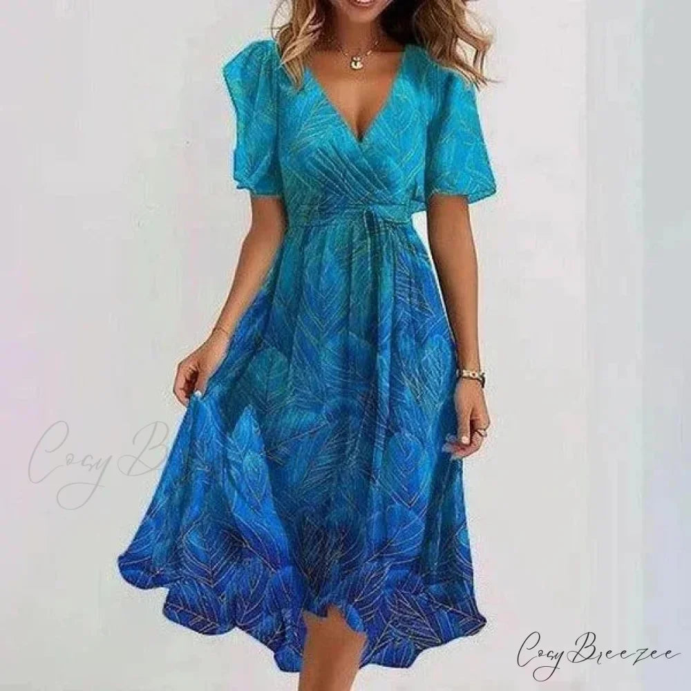Chiffon Floral Print V-neck Dress Gradient Blue / S oldfloraldress-250126