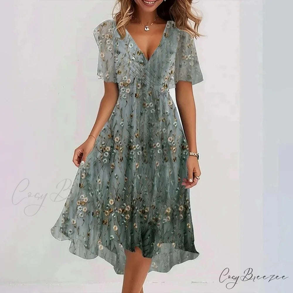 Chiffon Floral Print V-neck Dress Gradient dark green / S oldfloraldress-250126